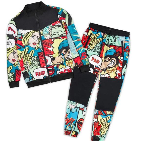 Reason Brand Paid Comic Print Track Set Tracksuit 2 Piece Set - Picture 1 of 7